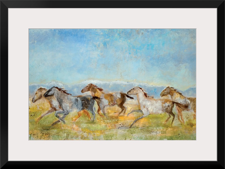 A landscape painting of wild horses running across the plains; the horses have been painted with a sense of movement and a...