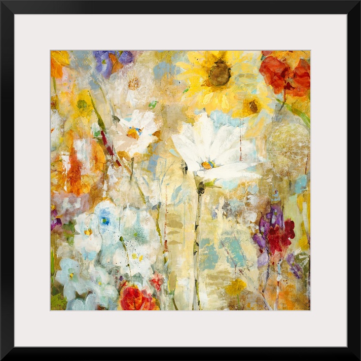 Big contemporary floral art shows a wide assortment of flowers including sunflowers and dandelions that are represented th...
