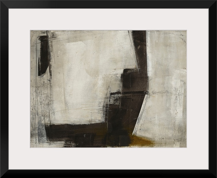 A bold, masculine abstract painting in moody neutrals with angular shapes, accented by charcoal scribbles
