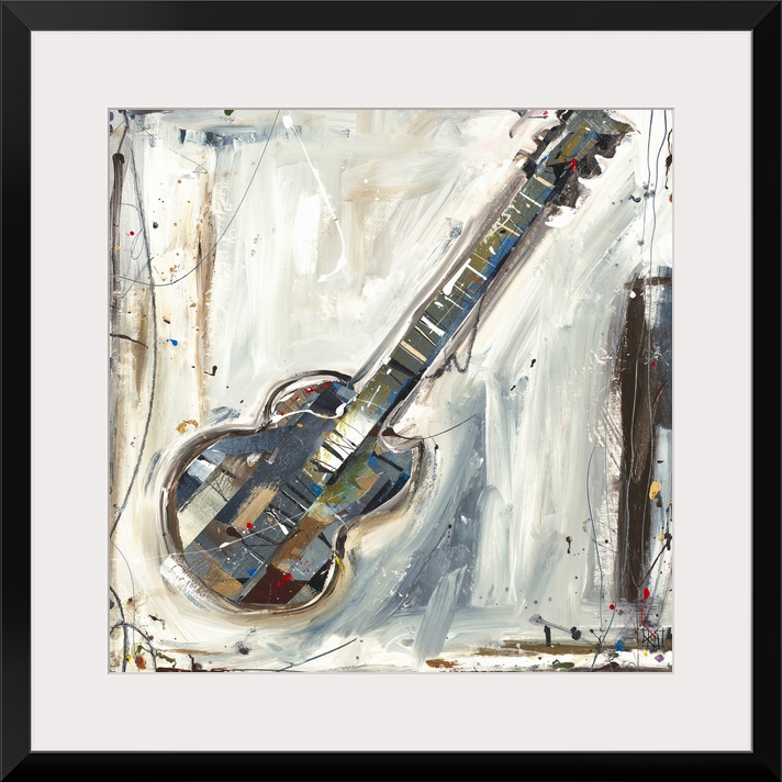 Contemporary abstract painting of musical instrument.  Brush strokes are visible along with paint splatter and drips.