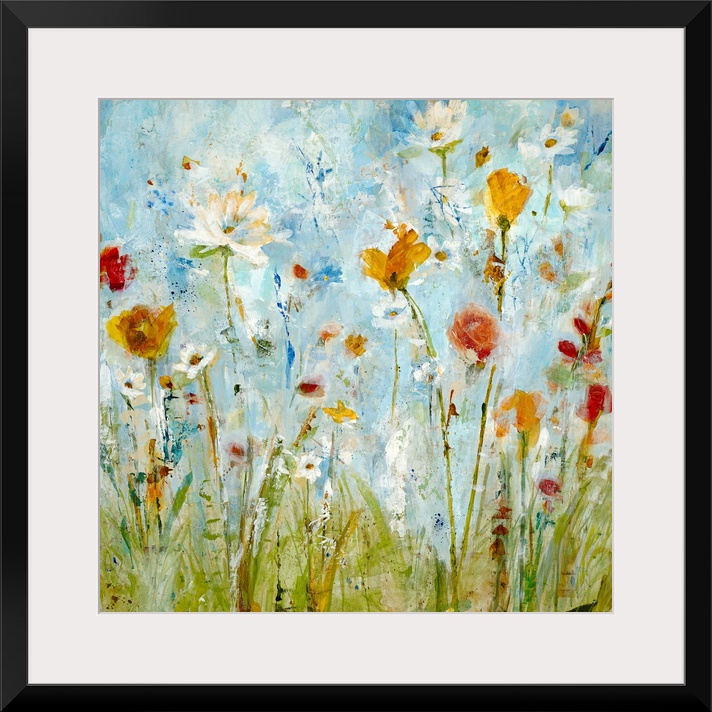 A vertical abstract landscape painting of loosely painted flowers and grass that reminiscent of a spring day.