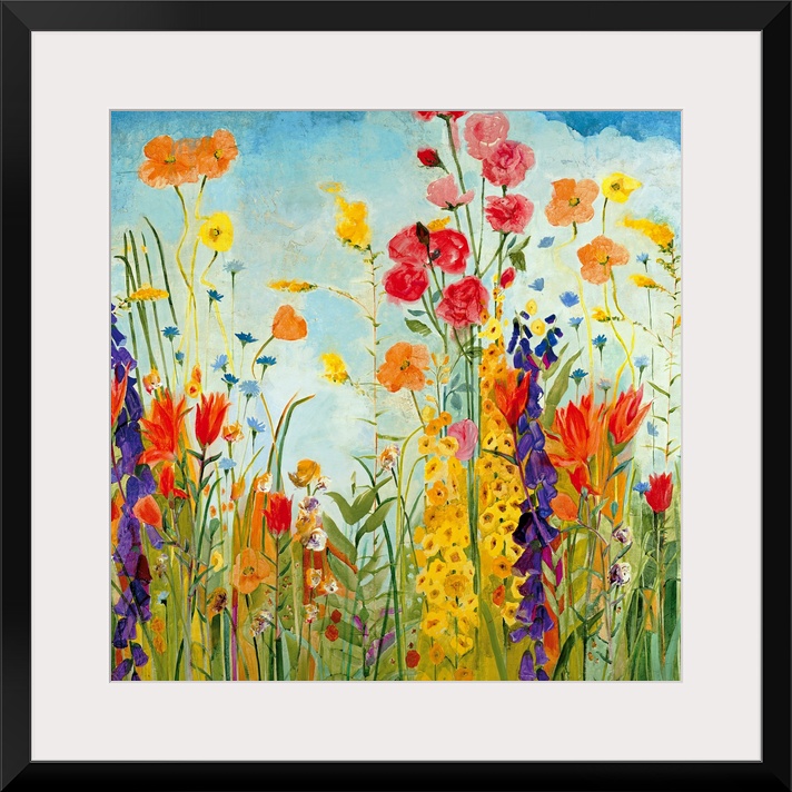 A square, contemporary painting of a variety of flowers on a sunny day. Floral wall art perfect for the home or office.