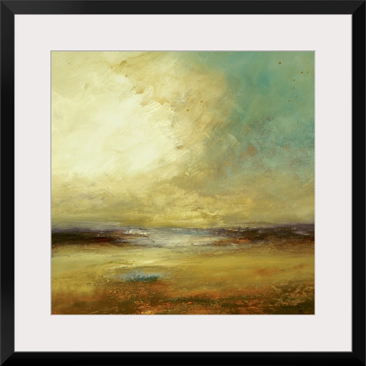 Large abstract landscape painting showcasing a cloudy sky over a beach and ocean.  This piece is composed of mostly Earthy...