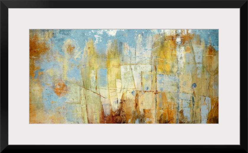 Oversized landscape contemporary art with patchy areas of varying rust colored shapes on a blue background.