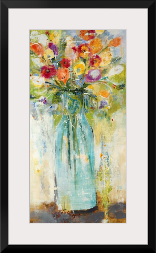 Large panel painting of colorful wildflowers in a glass vase.