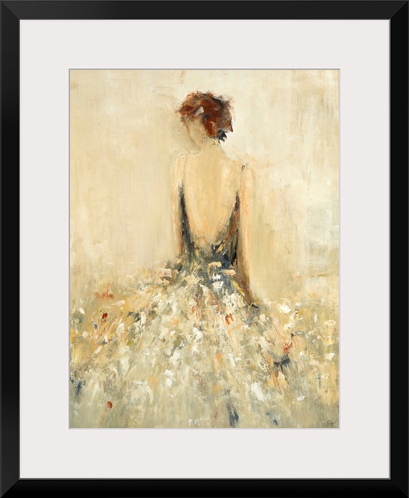 Abstract painting of the back of a woman wearing a flowing gown in neutral tones.