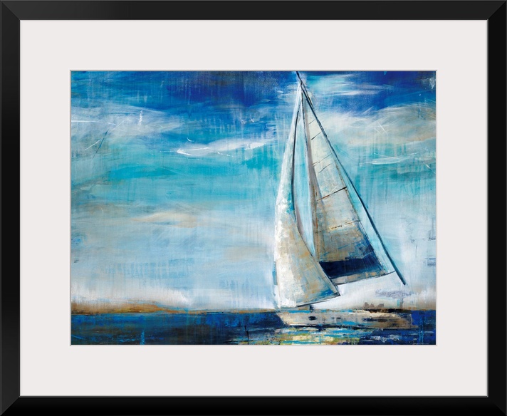 Large, horizontal painting of a sailboat in deep blue waters, against a sky of whipping clouds. Painted with quick, wispy ...