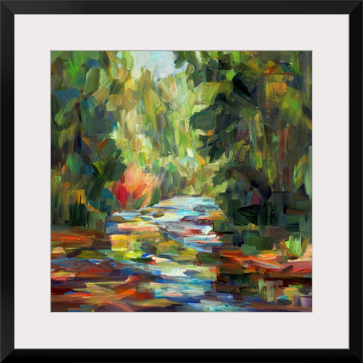 A bold contemporary landscape painting with bold, blocky brushstrokes resembling a river flowing between tall trees