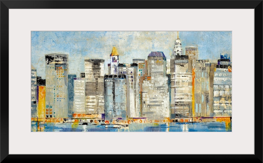 Contemporary abstract painting of a cityscape with buildings and boats reflected on the waterfront.