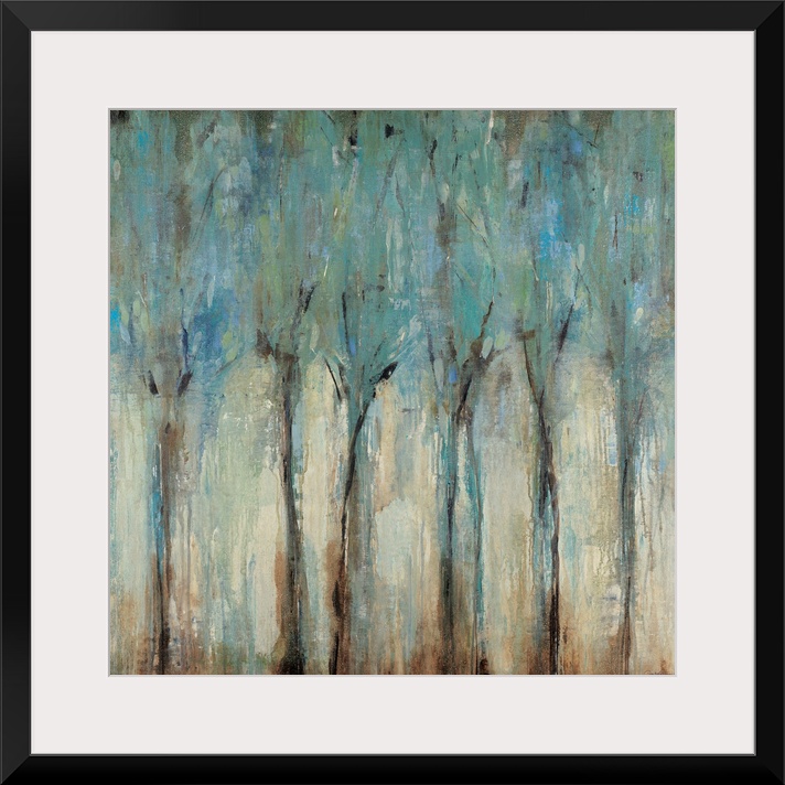 An abstract square wall art painting with layers of messy paint arranged in vertical shapes reminiscent of trees.