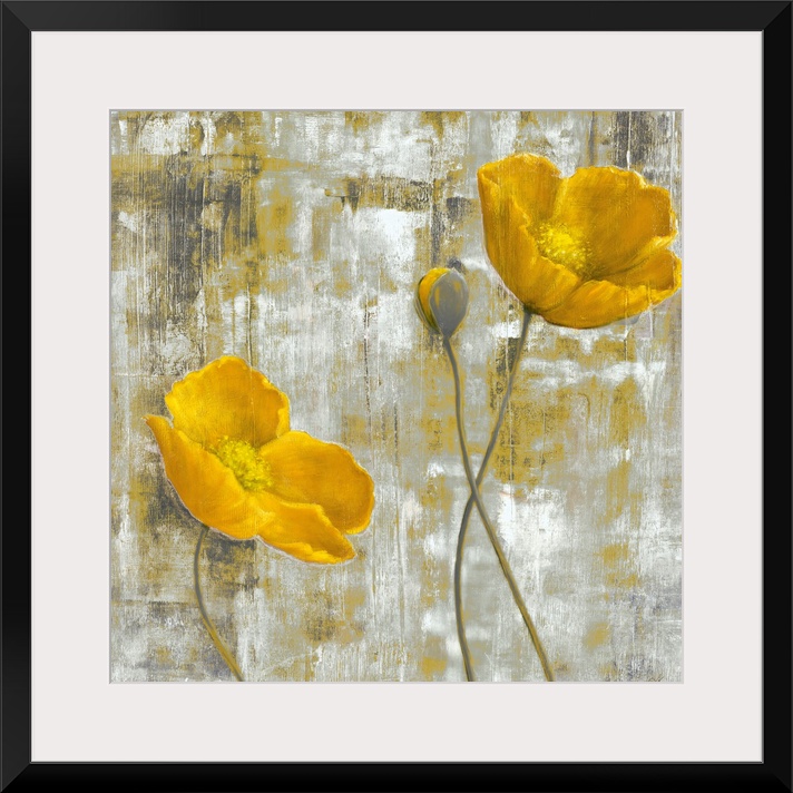 Contemporary artwork of two yellow flowers and a third budding flower. The background is abstract with colors that complim...