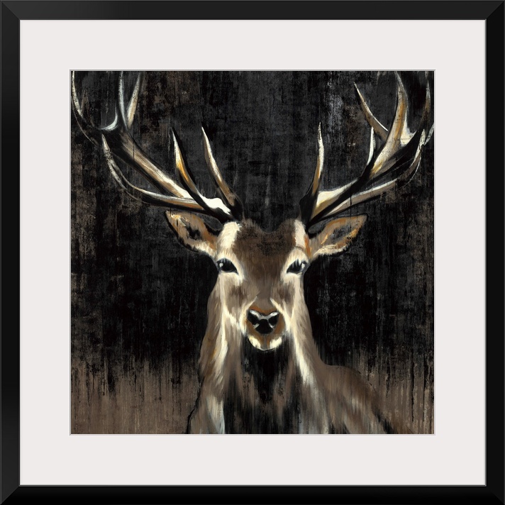 Contemporary painting of a stag against a dark background.