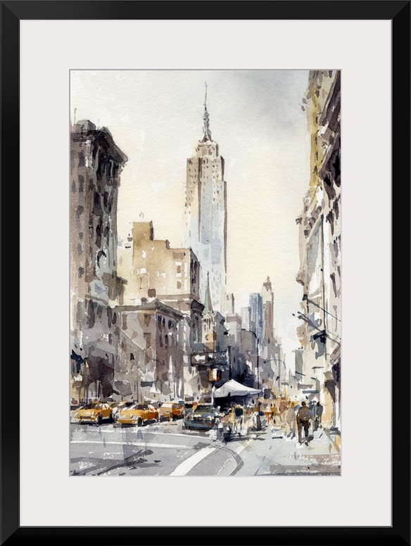 Energetic watercolor brush strokes in dark muted colors reflect the energy and weather of New York city life.