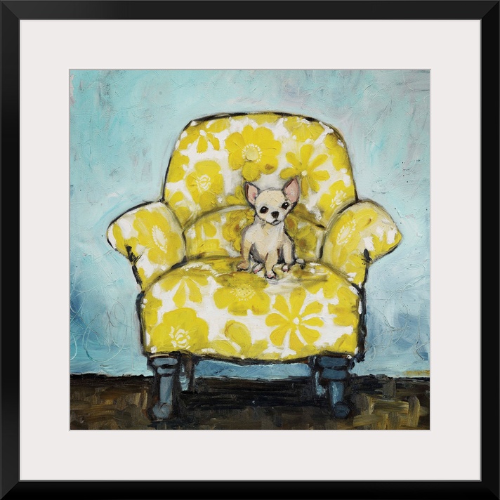 A whimsical composition of a small cream-colored dog sitting up in a large armchair covered in a bold, yellow floral print...