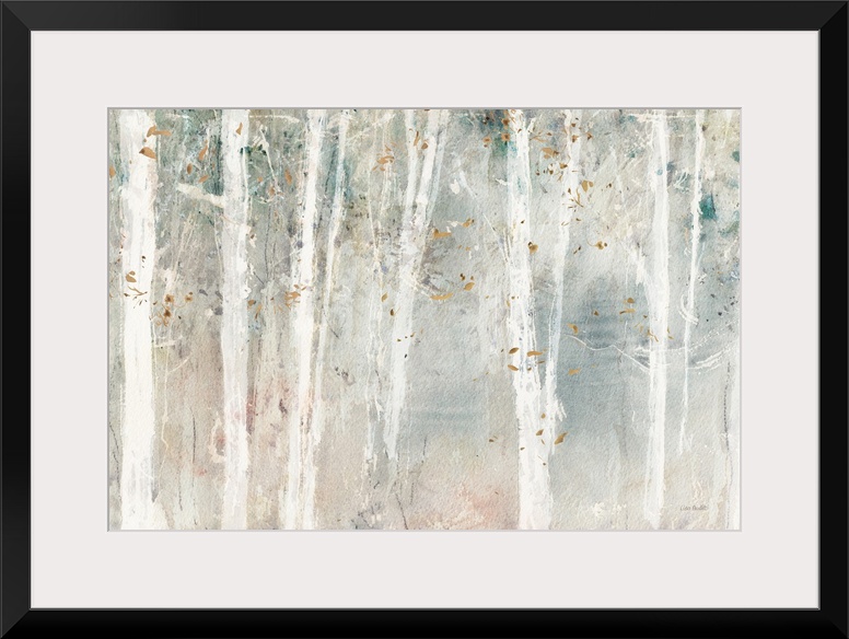 A contemporary abstract landscape of white trees in the forest with a water-colored neutral background and golden leaves.