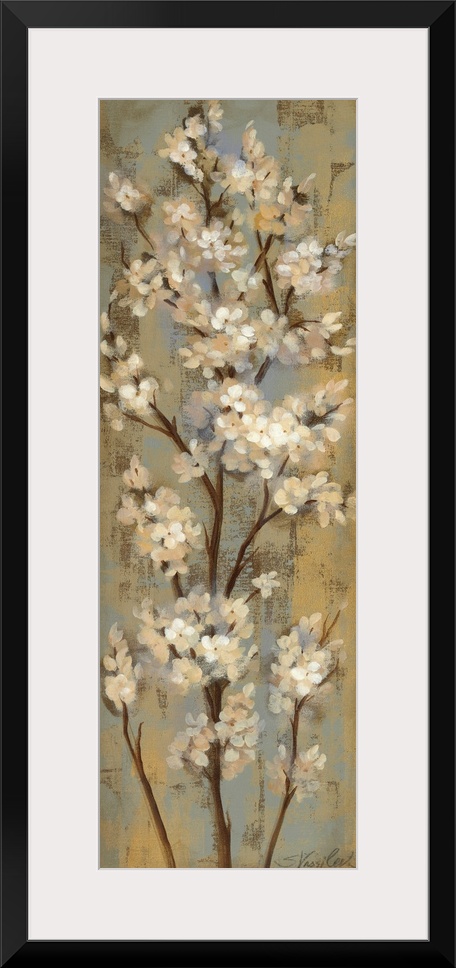 Vertical panoramic painting of long vertical branches covered in small flowers.