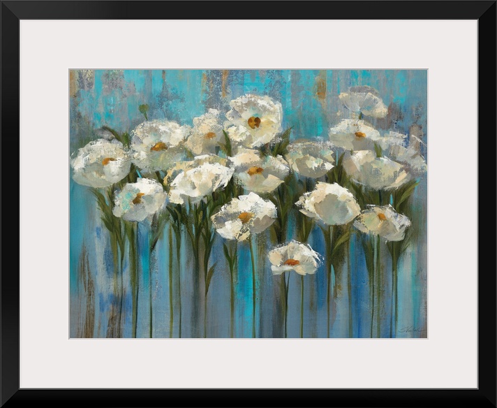 Contemporary painting of flowers standing tall with an abstract background.