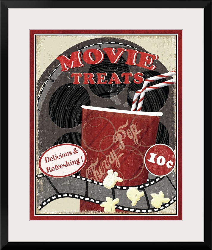 A vintage poster of a movie reel with a cup of soda drawn in front of it and some kernels of popcorn at the bottom.