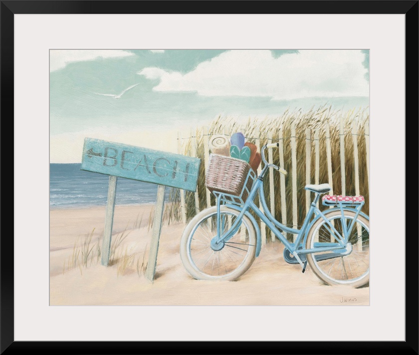 Contemporary artwork of a bicycle leaned up against a sand dune fence on a beach.
