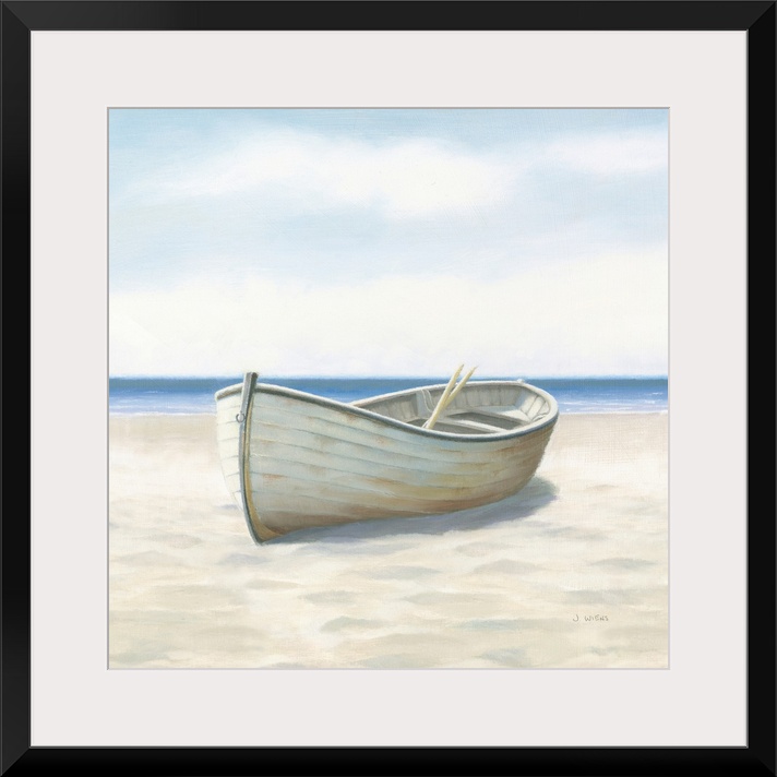 Contemporary painting of a white boat with oars inside, on the sandy beach with the ocean in the background.