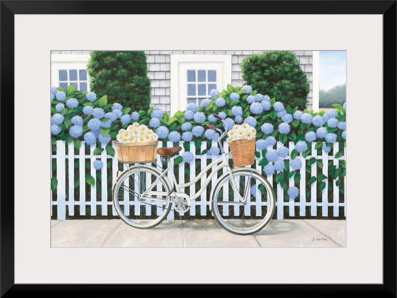 Contemporary painting of a white bicycle with two baskets of daises leaning up on a white picket fence with blue hydrangea...