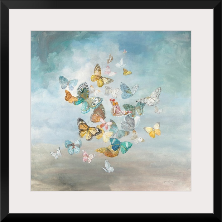 A decorative square painting of a group of colorful butterflies.