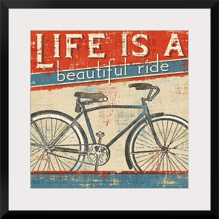 Square wall art of a bicycle with retro typography inspired by vintage posters.