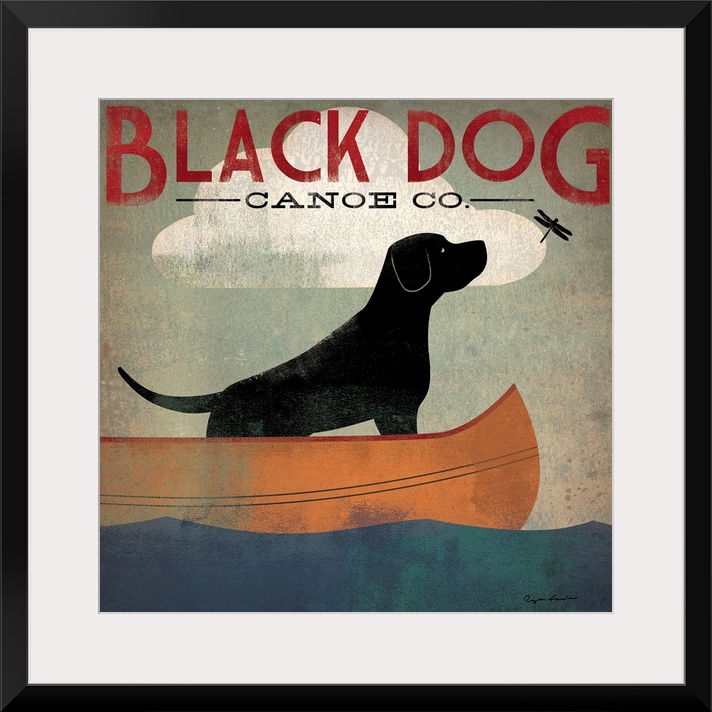 Contemporary artwork of a stylized black dog sitting in a canoe looking at a dragon fly with an overall grungy looking tex...