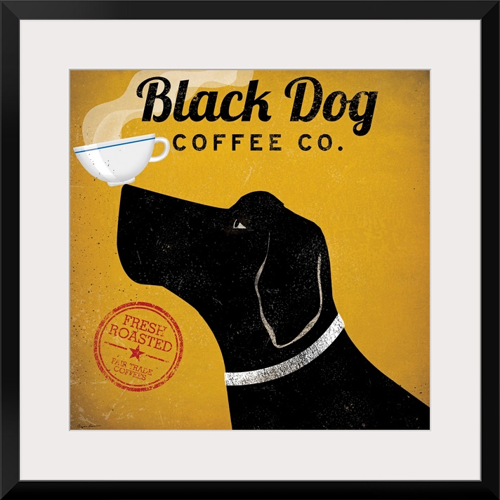 Whimsical artwork of a dog balancing a cup of coffee on it's nose.  The cup of coffee is steaming.