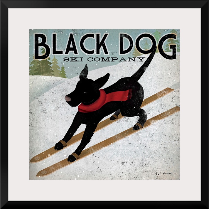 Giant square canvas art displays an advertisement for Black Dog Ski Company.  In the ad, a dog wearing a scarf skis down a...