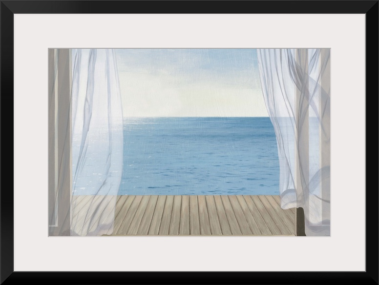 Coastal artwork looking out over a calm sea from an open door.