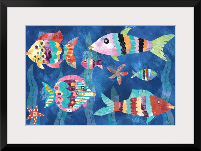 A collage of colorful fish and starfish with seaweed in the background made from mixed media.