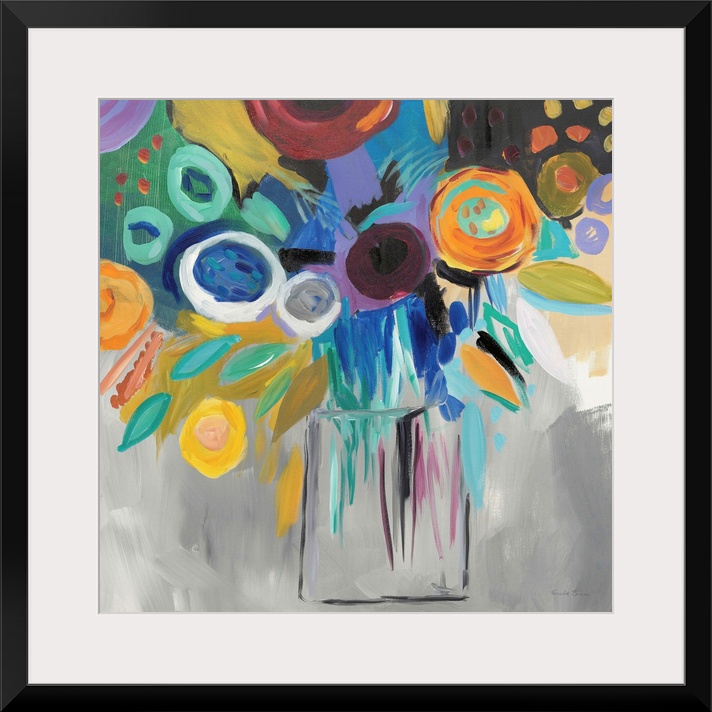 Square abstract painting of a bold floral arrangement on a grey background.