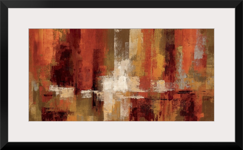 Rust colored paint textures layered next to each other to build up this vertical composition on a wide abstract wall art.