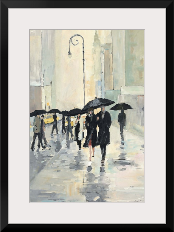 Contemporary painting of people walking in the street downtown in the rain with umbrellas. Their reflections are seen in t...