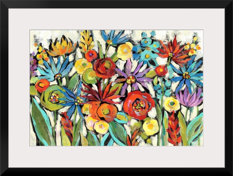 Colorful abstract painting of a group of wildflowers on a neutral background.