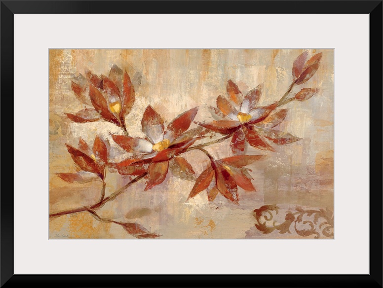 This horizontal home docor shows a tree branch with multiple blooms against a neutral, textural background with small deco...