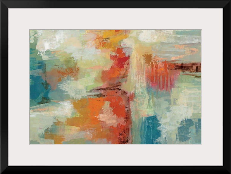 Contemporary abstract artwork in bright oranges and blues.