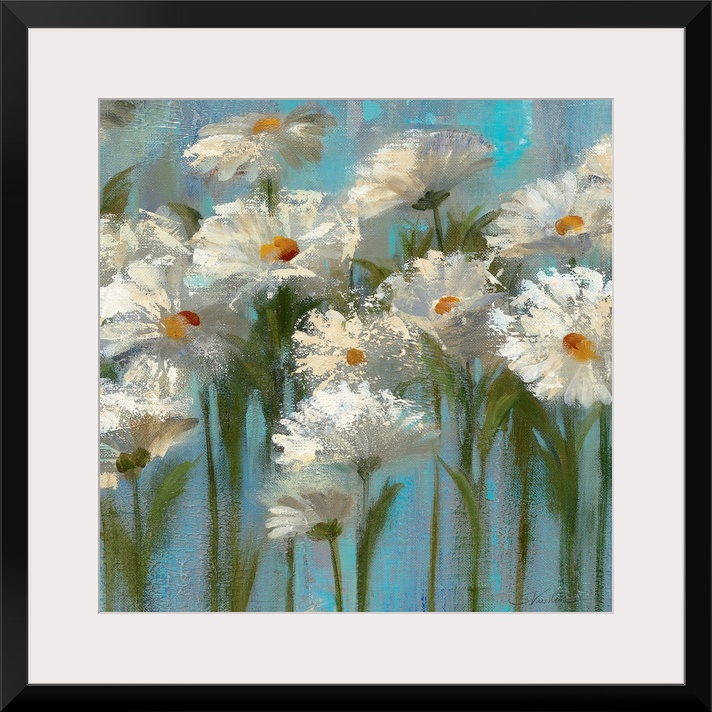 This big canvas wall art is a contemporary painting of several impressionistic flowers against a simplified backdrop.