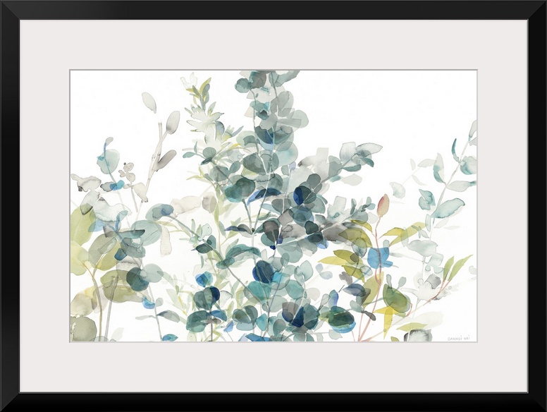 Large watercolor painting of eucalyptus leaves in shades of blue, gray, and green on a white background.