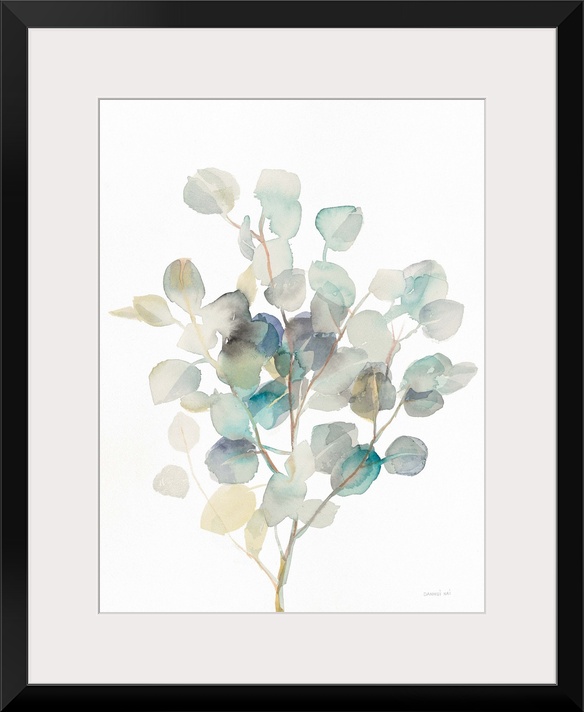 Vertical watercolor painting of blue, green, gray, and yellow toned eucalyptus leaves on a white background.
