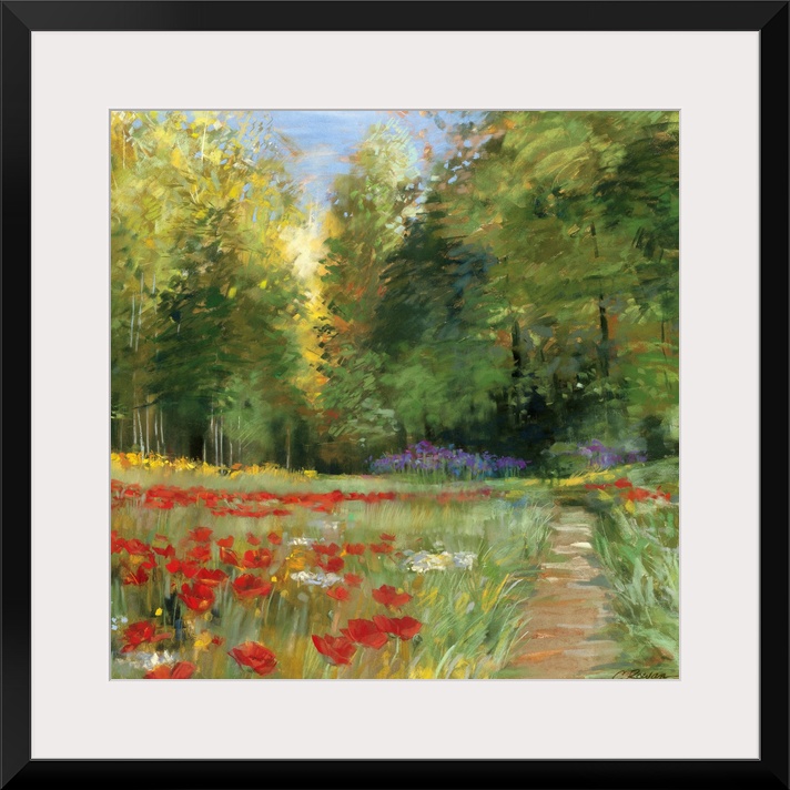 Classical painting of narrow dirt path winding through flower meadow with forest in the distance.