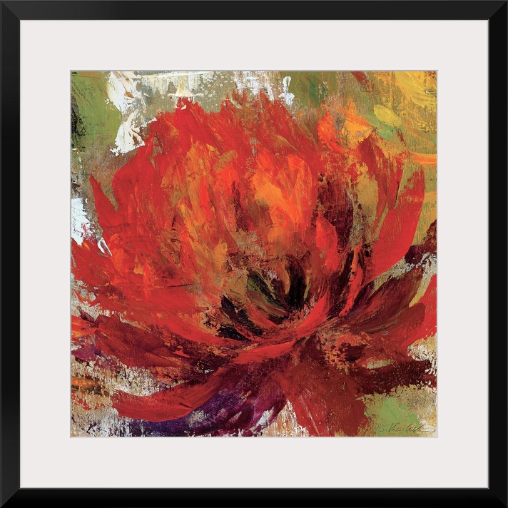 Large contemporary art portrays a close-up of a single flower.  Artist uses an abundance of earth tones against a slightly...