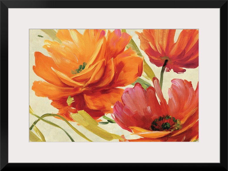 Contemporary wall art of three loosely painted flowers in bloom on a neutral background.