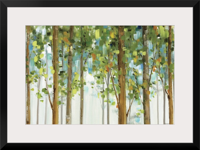 An abstract landscape painting created with square brush strokes of tall, straight trees in a forest.