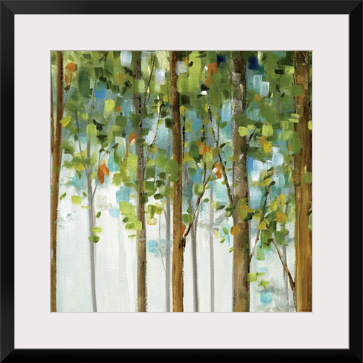 Contemporary painting of trees full of leaves.  The leaves are created from short, thick, square shaped brush strokes.