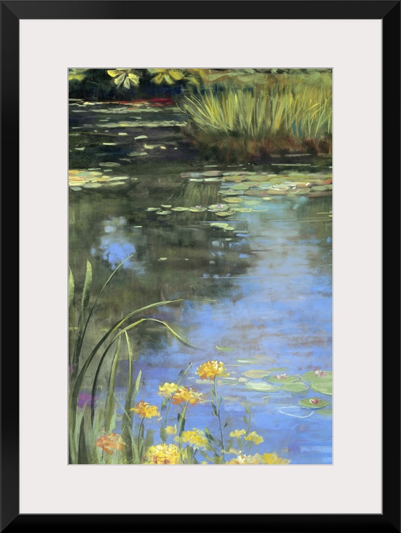 Contemporary docor painting of water lilies and lily pads in a small pond, with the water reflecting the greenery overhead.