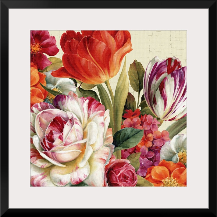 Big contemporary art focuses on a colorful arrangement of different flowers.