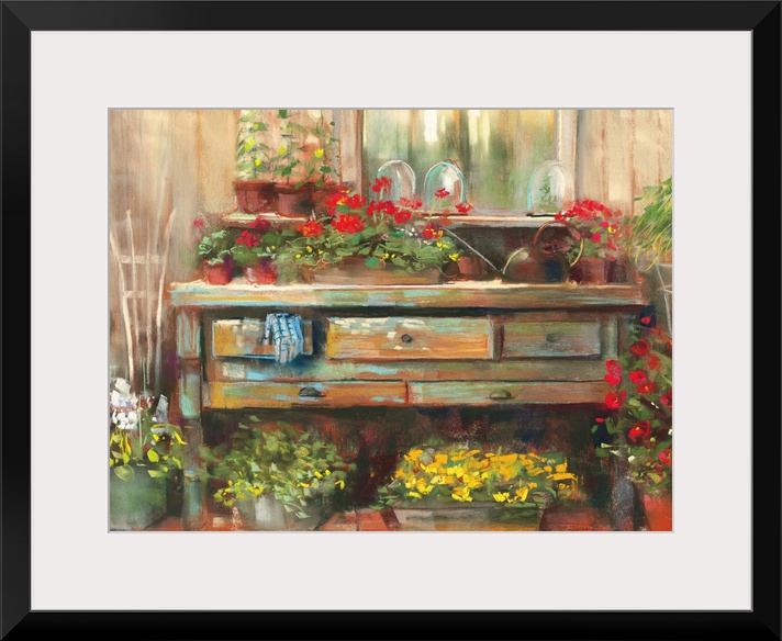 Contemporary painting of potted flowers sitting outside a shed.