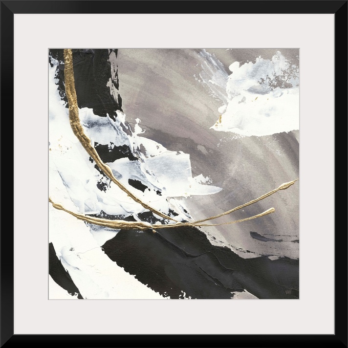 Large abstract painting of various brush strokes of gray, black and white with gold line accents.